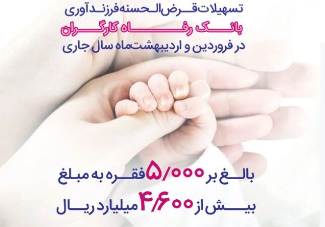 پرداخت بیش از ۴,۶۰۰ میلیارد ریال تسهیلات قرض‌الحسنه فرزندآوری از سوی بانک رفاه کارگران