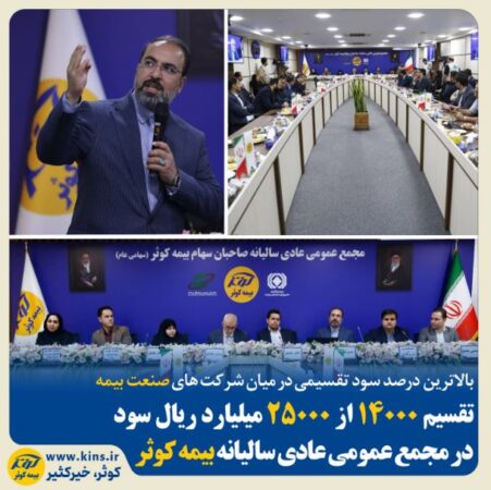 تقسیم ۱۴۰۰۰ از ۲۵۰۰۰ میلیارد ریال سود در مجمع عمومی عادی سالیانه بیمه کوثر تقسیم ۱۴۰۰۰ از ۲۵۰۰۰ میلیارد ریال سود در مجمع عمومی عادی سالیانه بیمه کوثر