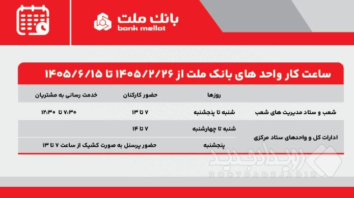 تغییر ساعت کار واحدهای بانک ملت از ۲۶ اردیبهشت