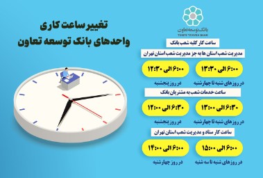 اعلام ساعت کاری جدید واحدهای ستادی وشعب بانک توسعه تعاون